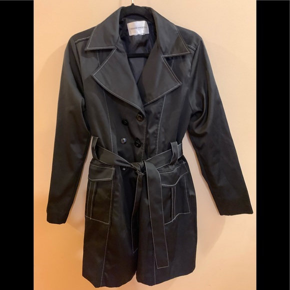 Premiere Collection trench coat size small black, belted, white thread, EUC, S - Picture 2 of 5
